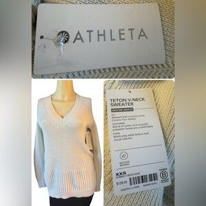 Athleta Teton Chunky Knit Cotton V-Neck Sweater Dove White Women’s Size XXS